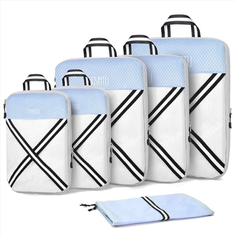 Travel Packing Cubes 6 Piece Set in Blue and White